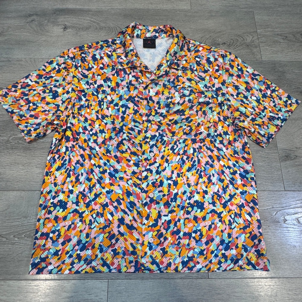 Jordan Mens Mesh Button Down Shirt Poolside Abstract Camp Collar Medium M